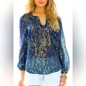 Lilly Pulitzer Silk Metallic Colby Top Ariel Blue Gold XXS. NWT